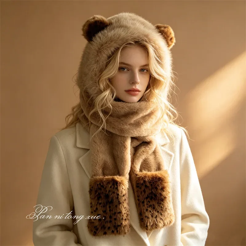 Warm Fleece Lined Women s Hooded Hat Scarf Gloves 3 Piece Set with Cute Ears Winter Plush Cold Weather Set