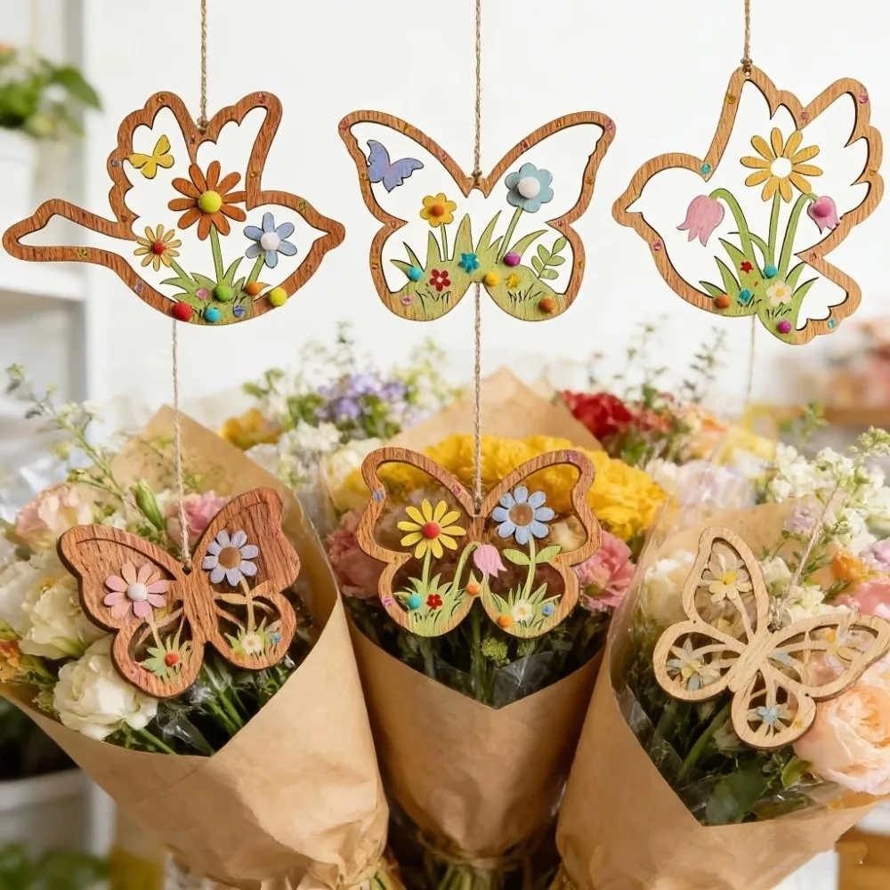 6pcs Wooden Butterfly Flower Shaped Ornaments Hanging Coloring Home Decor Handmade Unfinished Mini Wood Crafts