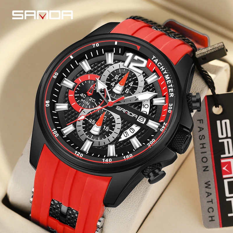 SANDA Top Men's Chronograph Analog Quartz Watch with Date, Luminous Hands, Waterproof Silicone Rubber Strap Wristswatch for Man