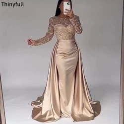 Thinyfull Mermaid Saudi Arabic O-neck Evening Prom Gown Satin Glitter Long Sleeve Prom Dress Formal Event Gown فساتين السهرة