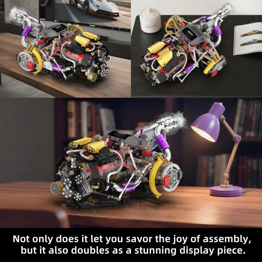 DIY V8 Engine Model Kit with 1394 Pieces, Functional & Illuminated, STEM Toy for Ages 8-14