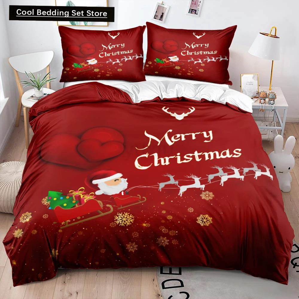 

3D Christmas King Queen Duvet Cover Set Kids Cartoon Merry Christmas Red Quilt Cover 2/3pcs Polyester Beddings Set Single Double