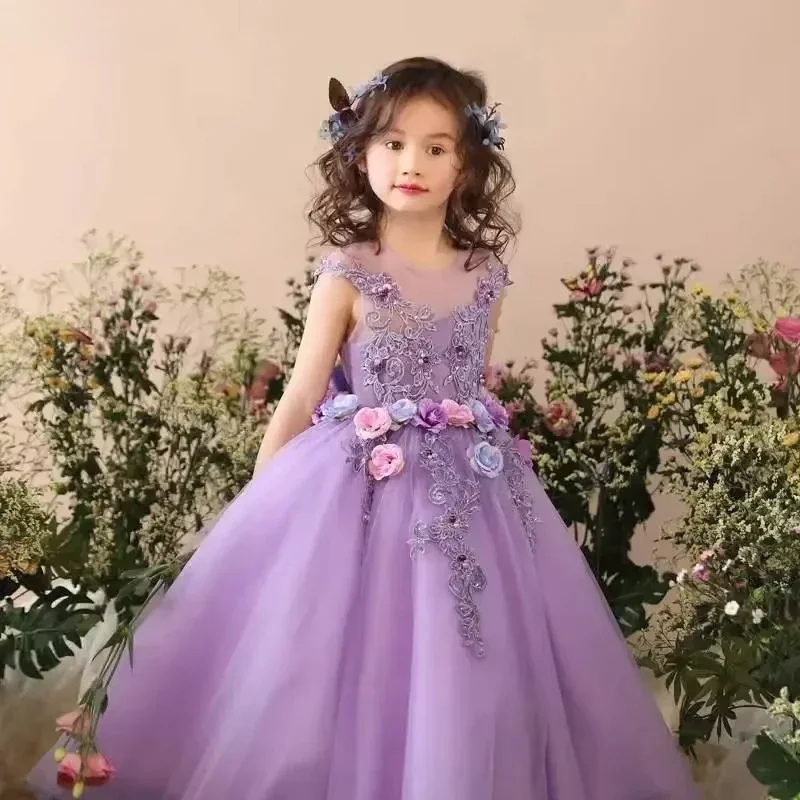 

Princess Purple Tulle Girls' Dress Floral Applique Elegant Ball Gown for Wedding/Birthday Perfect Kids Formal Party Outfit