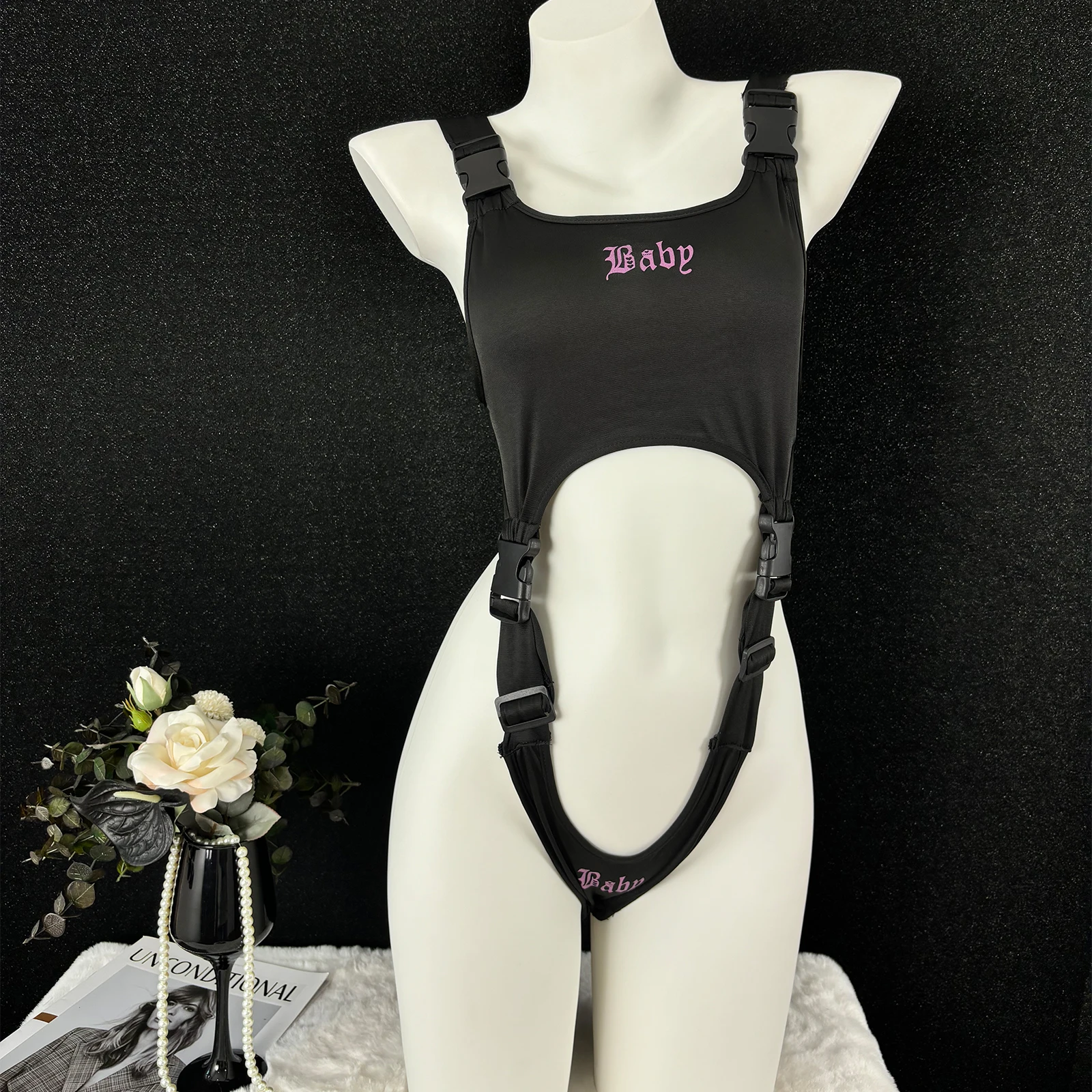 

SENMHS Anime Sexy High Cut Belly Out Lingerie Bodysuit Women Thong Strappy Garter Suspender Letter Print Sleeveless Teddy