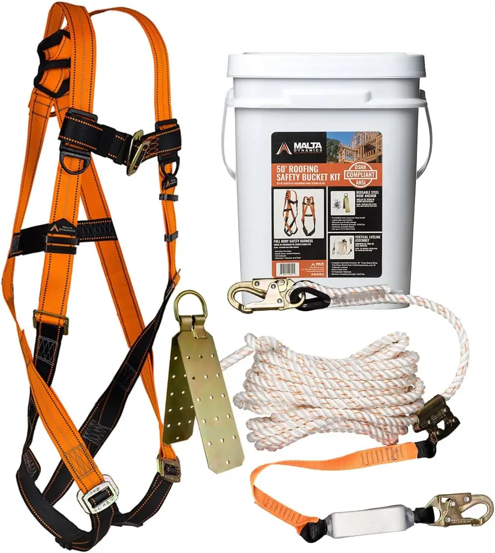 Kit de Seguridad Profesional para Techadores de 50' con Arnés, Anclaje y Línea de Vida - Cumple con OSHA/ANSI