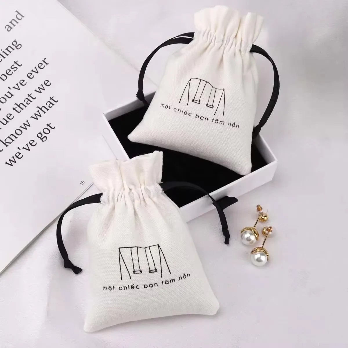 Custom Logo Printed Canvas Cotton Dust Bag For Jewelry ring Drawstring Bracelet Packaging Jewelry Pouch