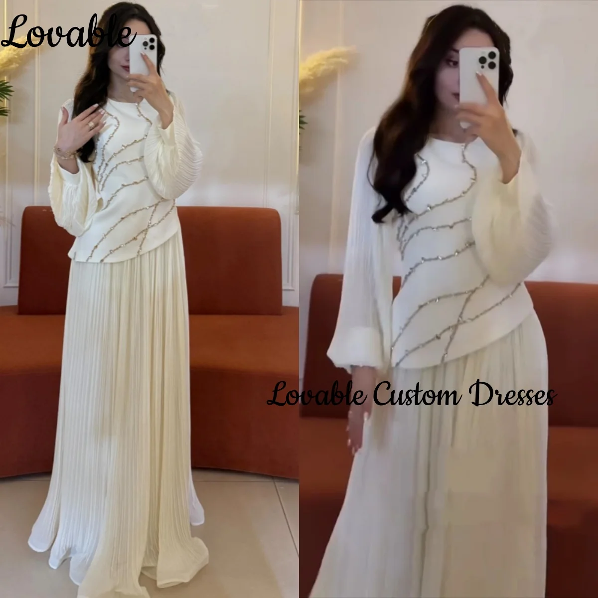 

Elegant Evening Dresses Customize A-Line Scoop Neckline Floor-Length Dresses For Special Events Zipper Up Beadings Long Sleeves