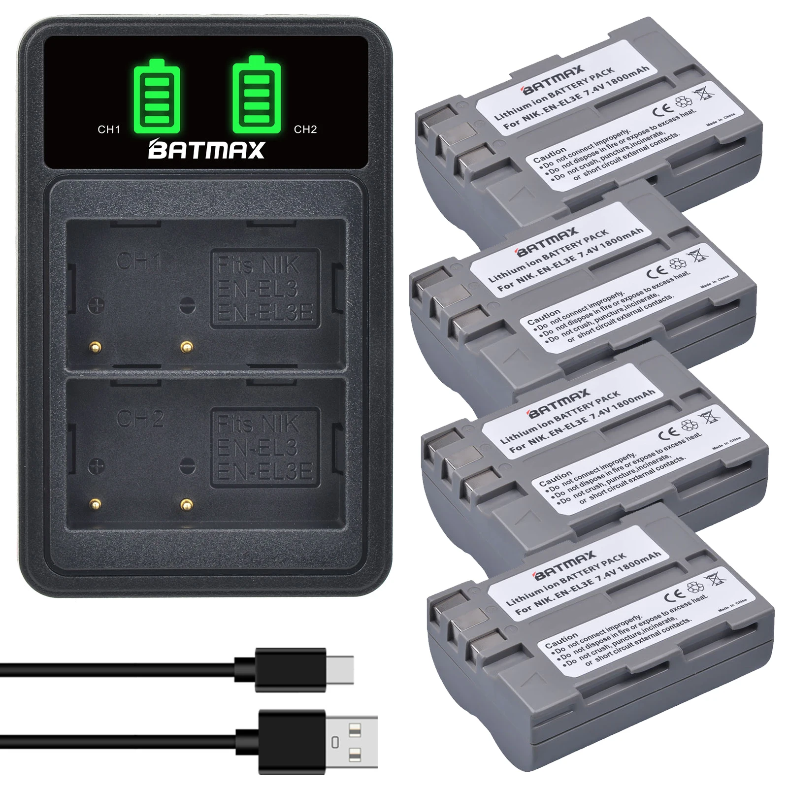 

Batmax 1800mAh EN-EL3E EN-EL3 Battery+LED Dual Charger with Type C Port for Nikon D30 D50 D70 D70S D90 D80 D100 D200 D300