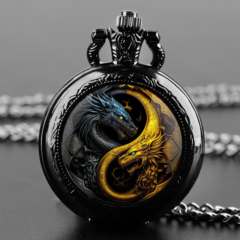 Relógio de bolso dragão Yin-Yang - movimento de quartzo, mostrador redondo, presente de lembrança de colar de bronze exclusivo