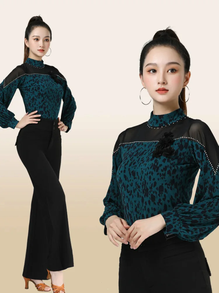 Slim Fit Ballroom Dance Competition Stand Collar Tops Waltz Classical Mesh Patchwork Female Luxury Rhinestones Standard Pants