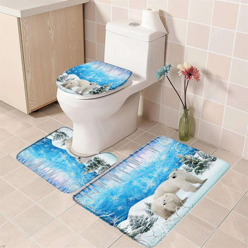 Winter Forest Snowy Bathroom Rug Set Christmas Gift White Ice Bear Christmas Tree Happy New Year Bath Mat Toilet Mat Toilet Deco