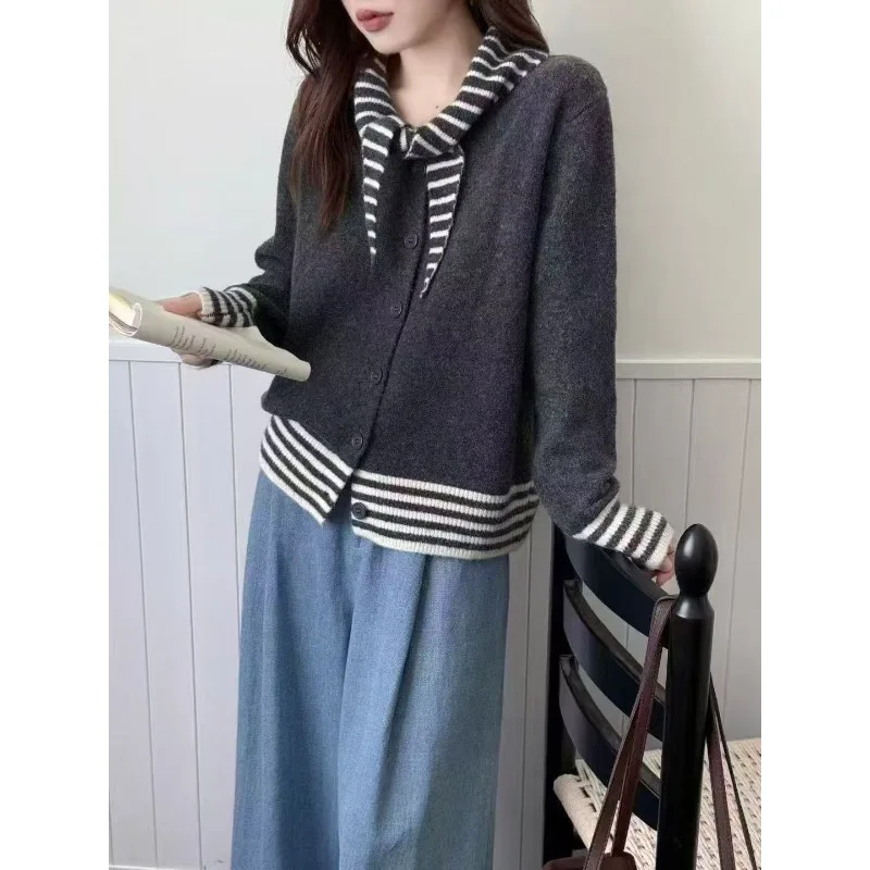 Полосатый контрастный цвет, повседневный вязаный кардиган, женская куртка с шарфом и воротником, куртка, осень-зима 2022, новый топ