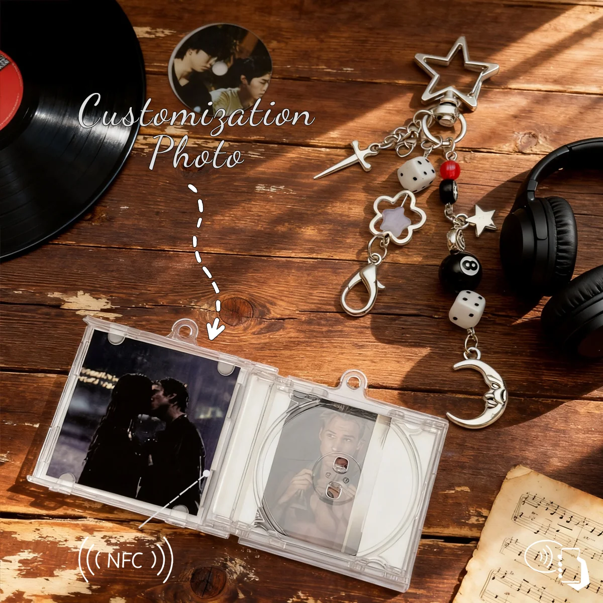 Custom NFC Mini CD Case Keychain, Personalized Photo Playable Music Beaded Star Charm, Unique Souvenir Gift for Music Fans view 4