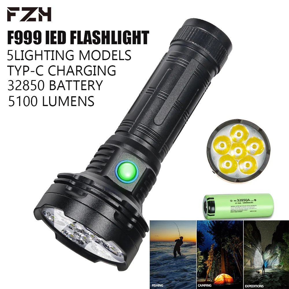 

F99 High Powerful LED Flashlight 5100LM USB Rechargeable Tactical Torch Built in 32850 Battery Outdoor Camping Fishing Lantern