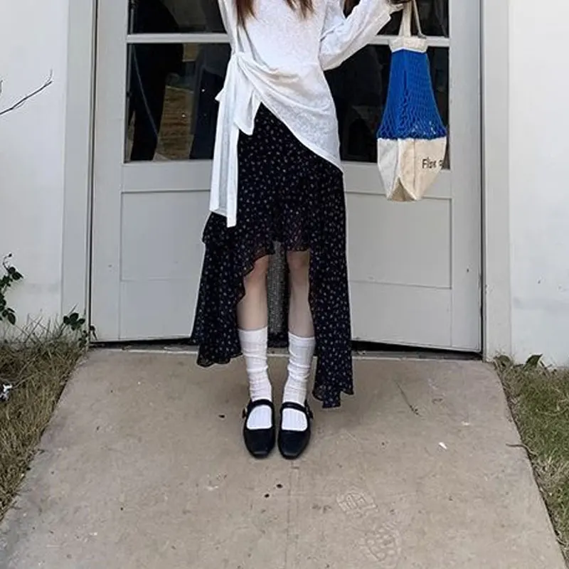 

French Style Broken Flowers Irregular Midi Skirts Spring Summer High Waist Elastic Women's Clothing Fashion Asymmetrical Skirts