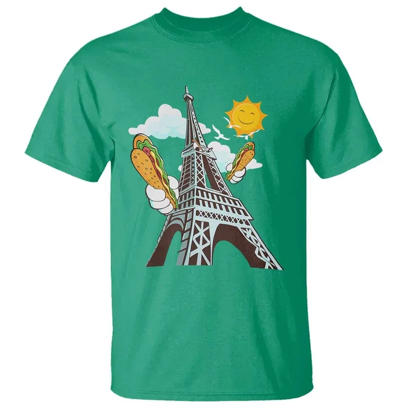 Cute Hotdog Eiffel Tower Graphic T Shirt For Men And Women Funny French American Heritage Month T-Shirt Street Harajuku Kid Tees