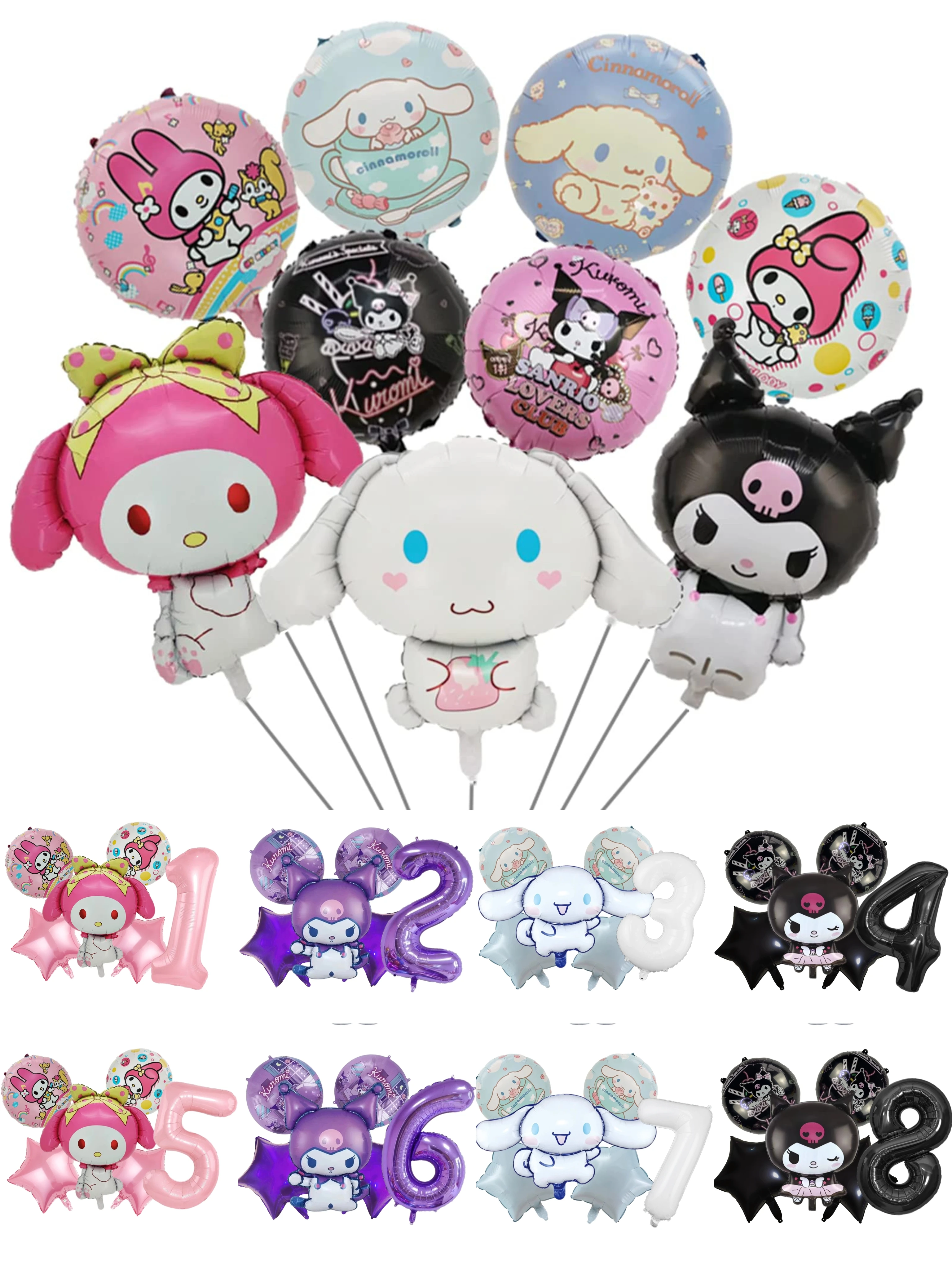 6 SZT. Balony z cyframi 0-9, urocze balony z folii aluminiowej z motywami Kuromi, My Melody i Cinnamoroll, idealne na festiwale, dekoracje na przyjęcia, prezenty urodzinowe dla dzieci i dziewczynek. — zdjęcie 2