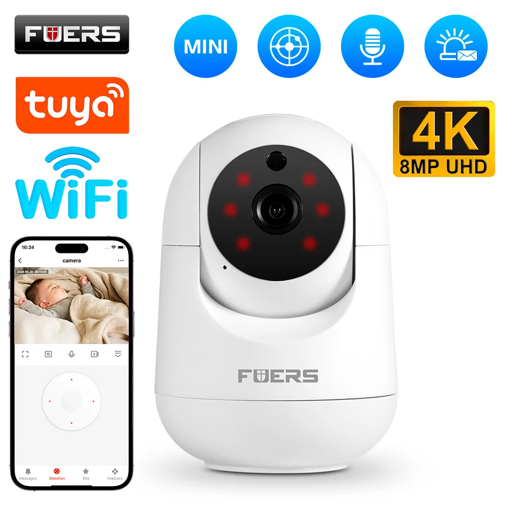 Fuers 투야 스마트 홈 무선 CCTV 카메라 – 4K 8MP 자동 추적 감시 및 베이비 모니터 기능 탑재