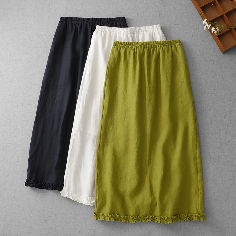 

Ele Summer f Skirt Women's Cotton Linen Straight Tube Skirt with Inner And Wooden Design Casual Commute Sle