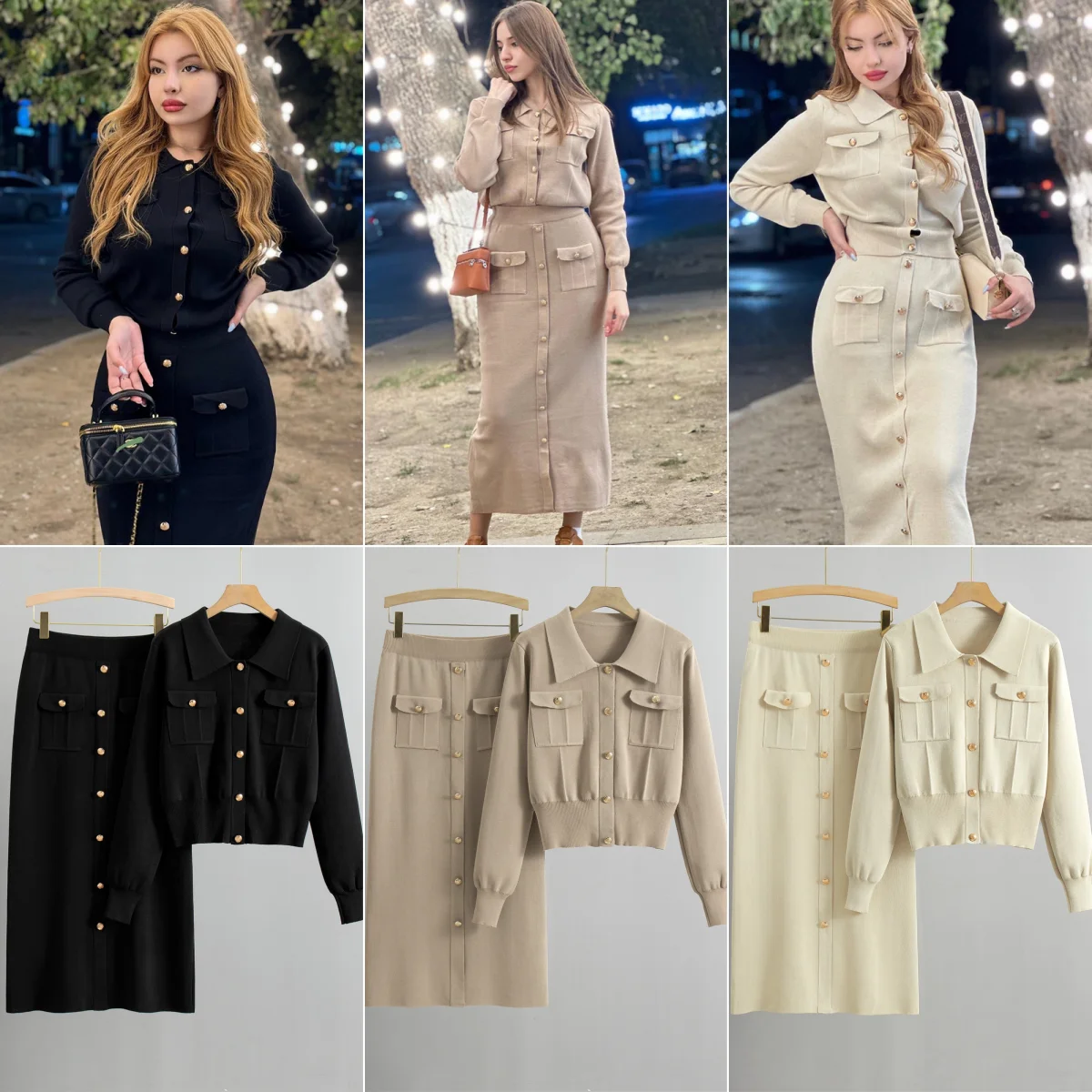 Elegant Knit Blazer Skirt Set Women Black White Brown 2 Piece Matching Set Autumn Winter Vintage Knitted Two Piece Women Sets