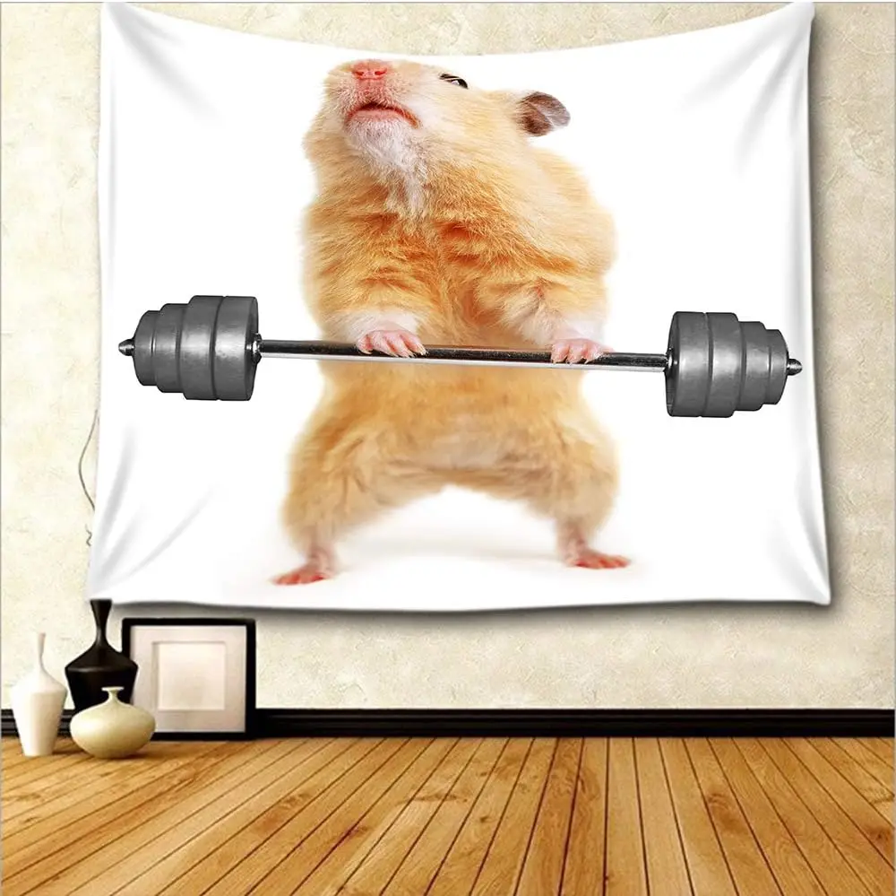 Fitness Hamster Tapestry, Muscular Hamster Weightlifting Barbell Wall Hanging for Gym Lovers and Animal Fans Room Decor