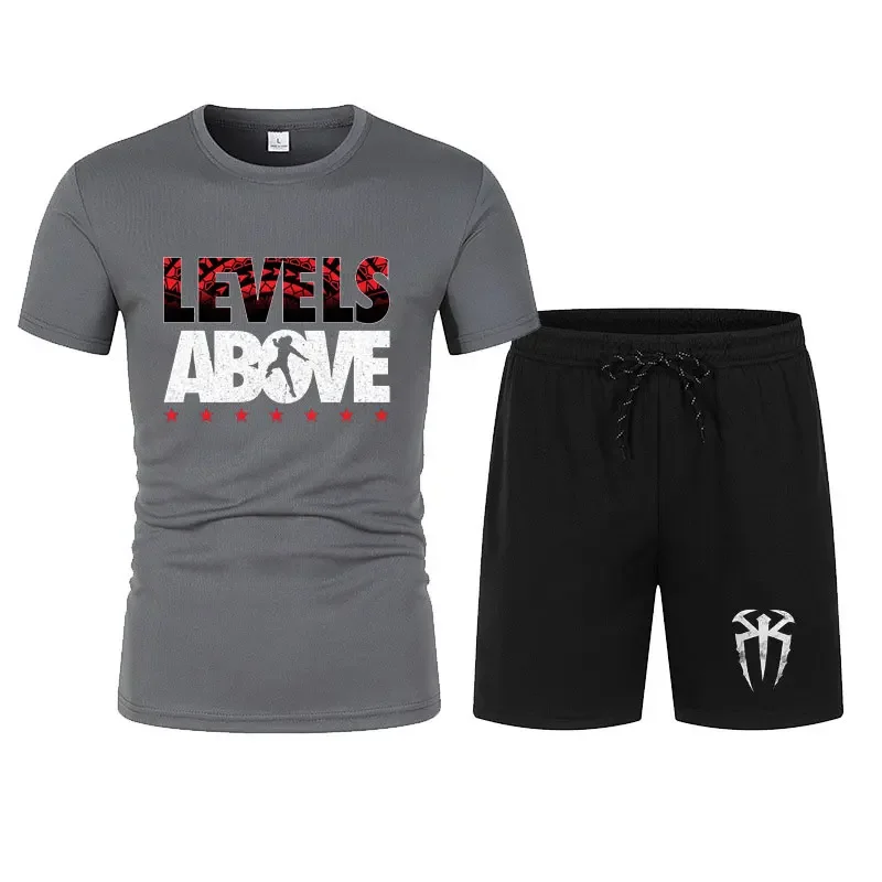 Men's Black Roman Reigns Levels Above T-Shirt Shorts Set Summer Short Sleeve Man Overiszed Suits 2024 New Fashion Clothing Sets