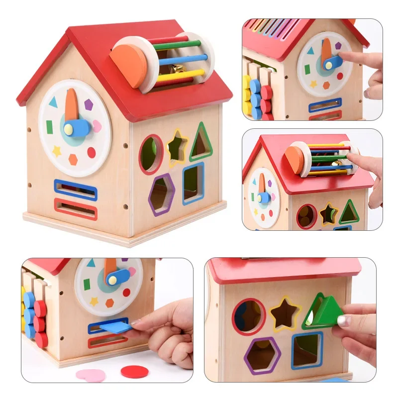 Wooden Multi Functional Shape Sorting House, All in One Disassemble Early Learning Educational Toy for Kids