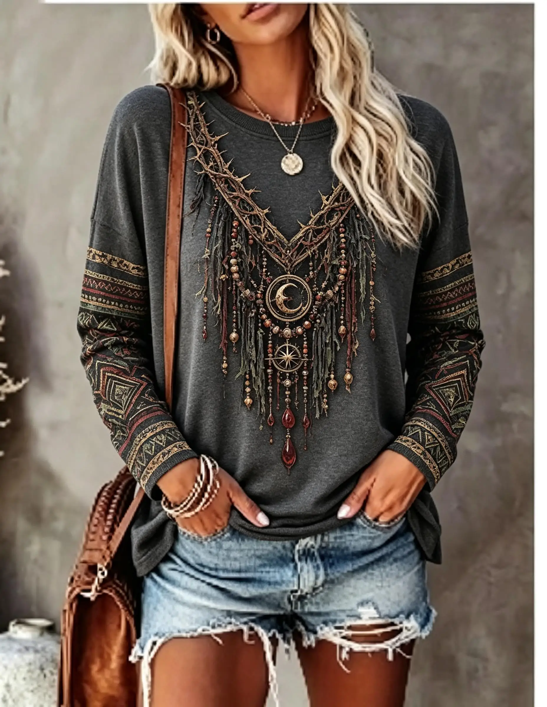 Women Crew Neck Long Sleeve T‑Shirt, Boho Moon Bead Fringe Print Casual Loose Pullover Tops