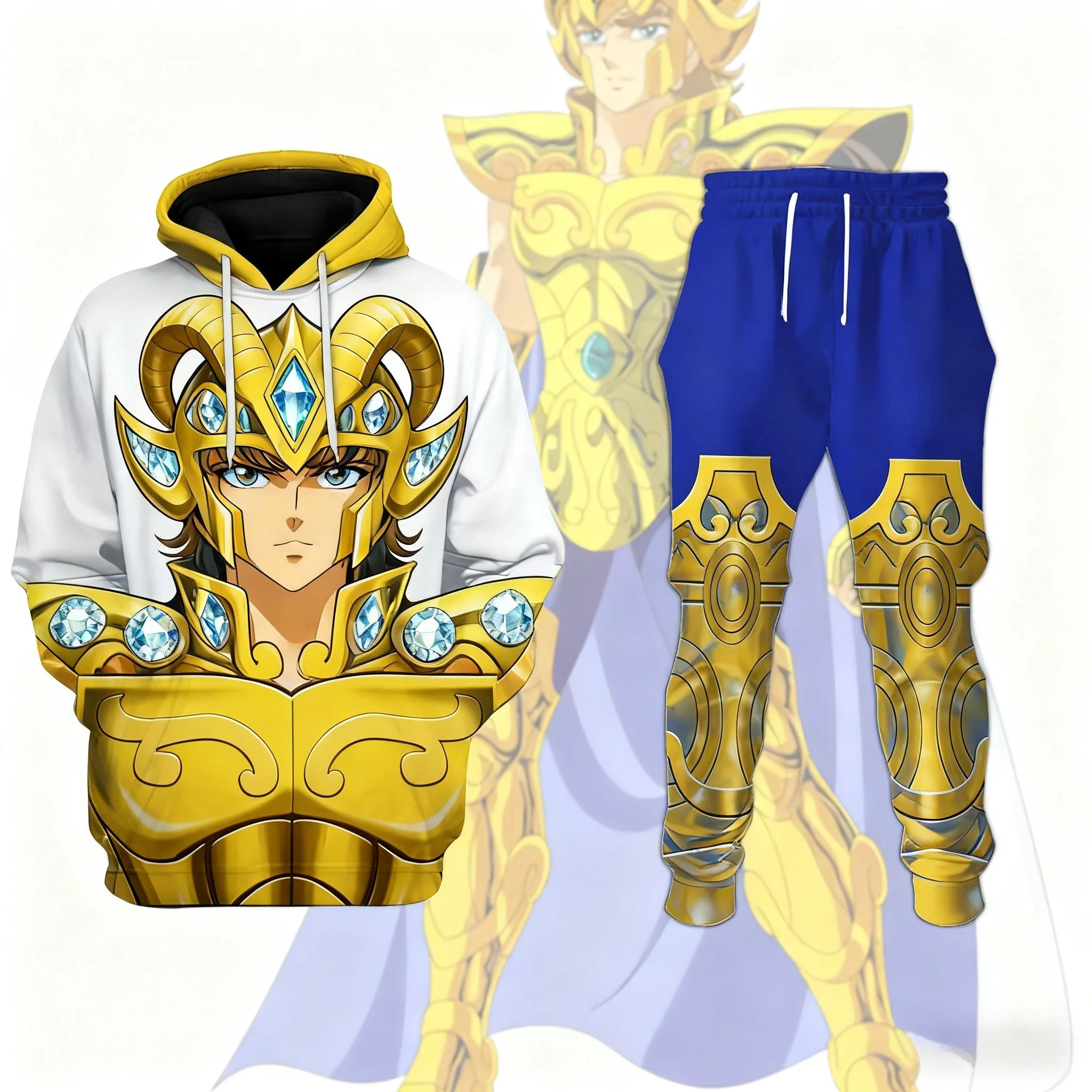 Cosplay anime saint seiya impressão hoodies calças conjuntos 3d rua harajuku conjuntos de treino esportes masculinos ternos de corrida de duas peças