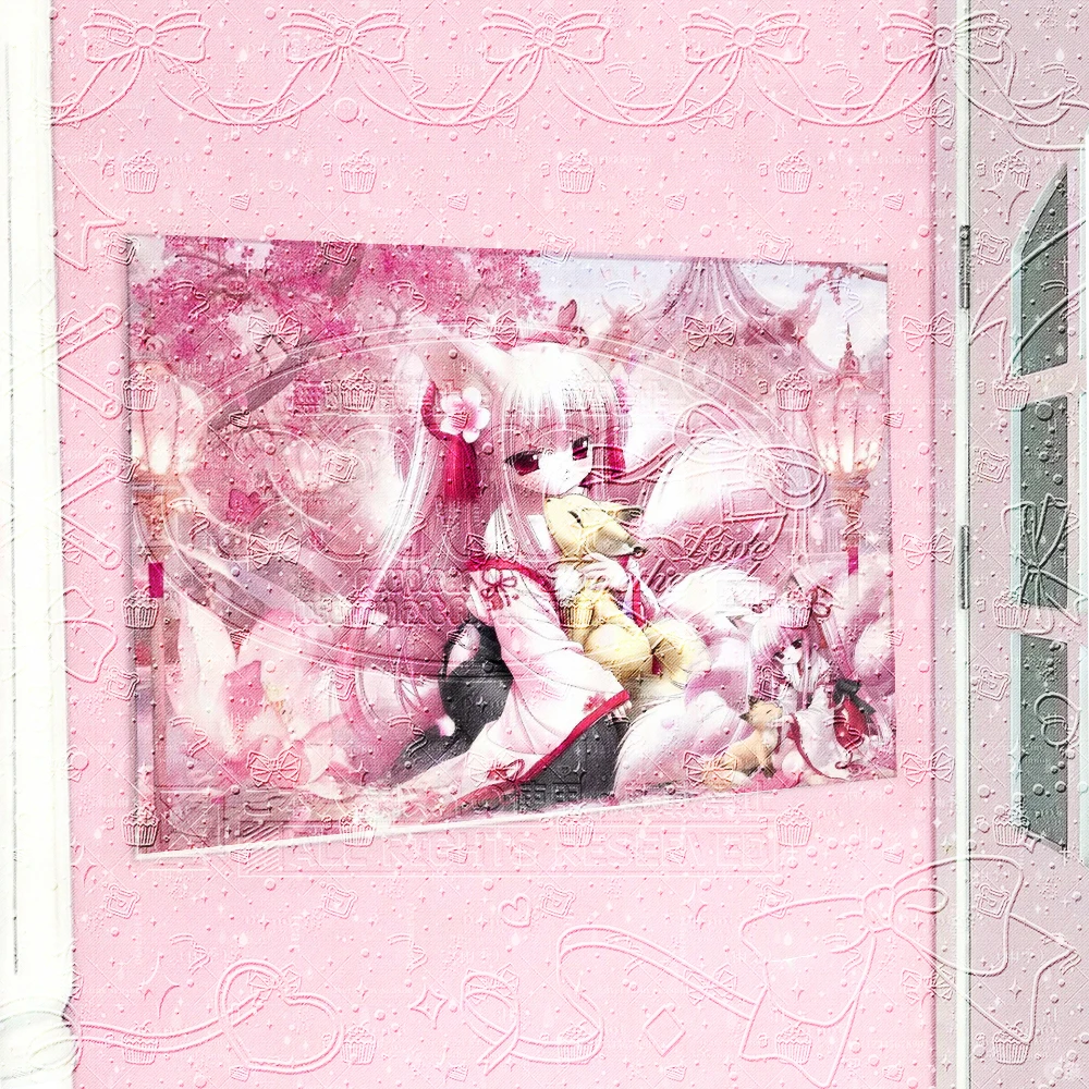 Pastel Wa Lolita Tapestry, Anime Fox Girl in Kimono with Sakura Trees, Pink Embossed Lace & Bow Design, Harajuku Mine Style Room