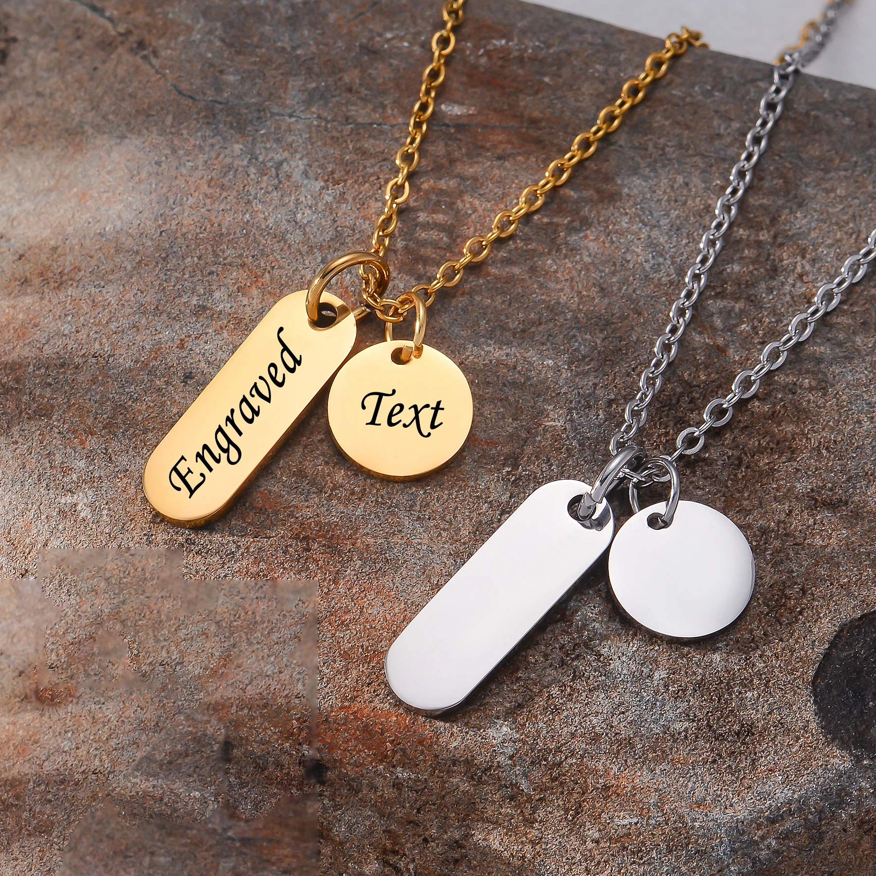 

Mirror Polished Stainless Steel Necklace Rectangle Round Pendant Engrave Name Date Text Jewelry Personalized Gifts for Friend