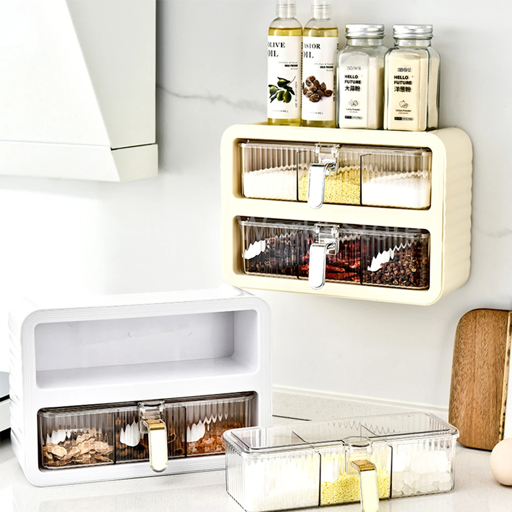 Kitchen Spice Racks Wall Mounted 6 Grids with 6 Spoons Salt Pepper Shaker Seasoning Rack Spice Jar Set Organizer Kitchen Storage