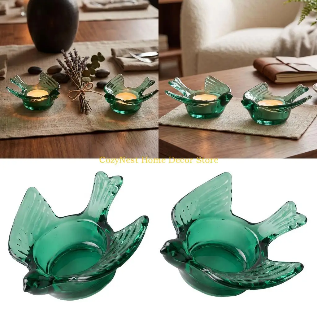 92MF Tealight Accent with Bird Form in Green Glass, Candle Stand for Entryway Shelf Bedroom Dining Table Desk and Living Room