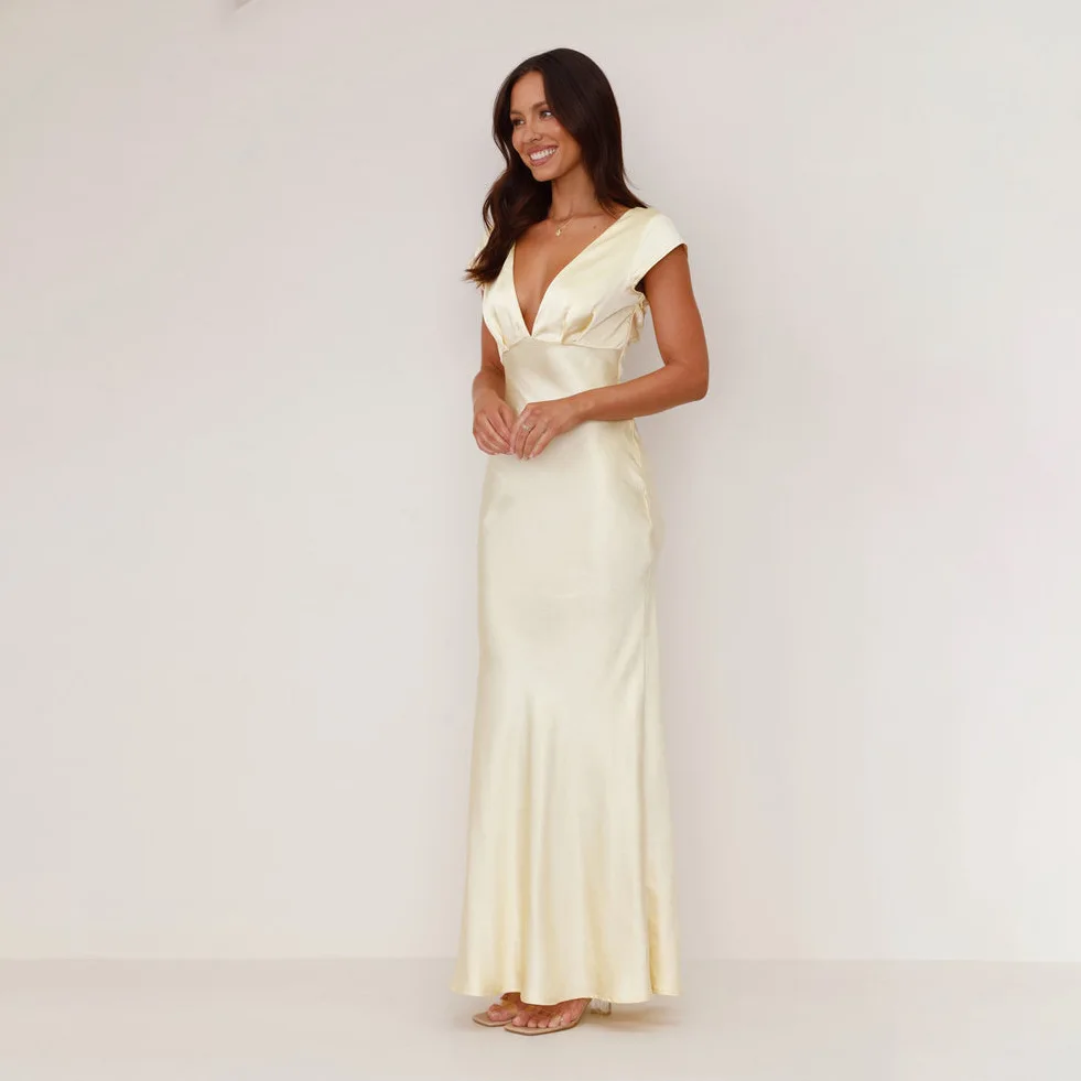 

Womens Light Yellow Satin V Neck Cap Sleeve Mermaid Maxi Dress Elegant Bridesmaid Wedding Guest Formal Wear