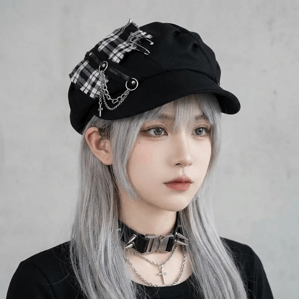 Sweet Rabbit Ears Plaid Beret Hat Irregular Y2K Octagonal Hat Thin Brim Lollita Painter Artist Cap Women