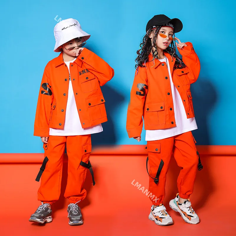 Trajes de Jazz naranja para niños, chaqueta de manga larga, pantalones, Ropa de baile callejero, conjunto de baile Hip Hop, Ropa de baile de escenario