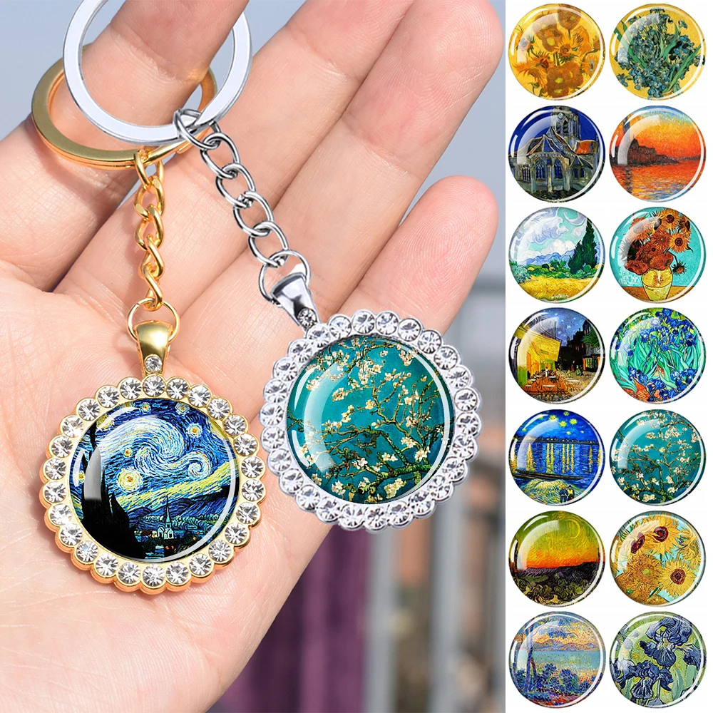 Van Gogh Oil Painting Keychains Starry Night Rhone Rive Sunflower Almond Blossom Rhinestone Key Chains Art Jewelry Keyring Gifts