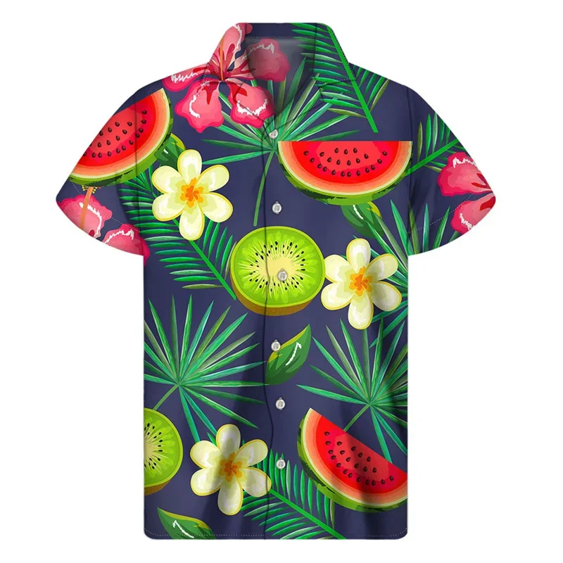 Tropical Watermelon Graphic Hawaiian Shirt Summer Street Short Sleeves 3d Printed Fruits Button Shirts Men Clothes Lapel Blouse