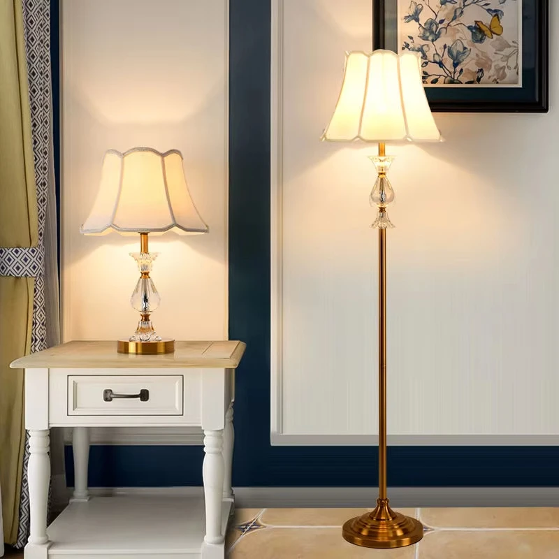 Retro Floor Lamp Living Room Copper Crystal Floor Light Wall Corner Standing Bedroom Bedside Table Lamp Next To The Sofa LED