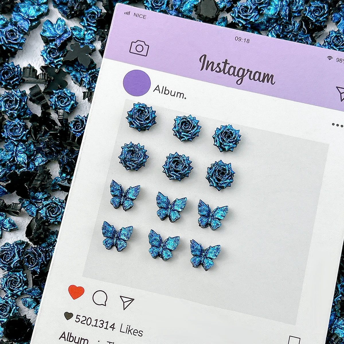 30PCS Luminous Creative Soft Butterfly Rose Resin Nail Charms 3D Deep Blue Fine Sparkling Flower Nail Art Decorations DIY Nails view 4