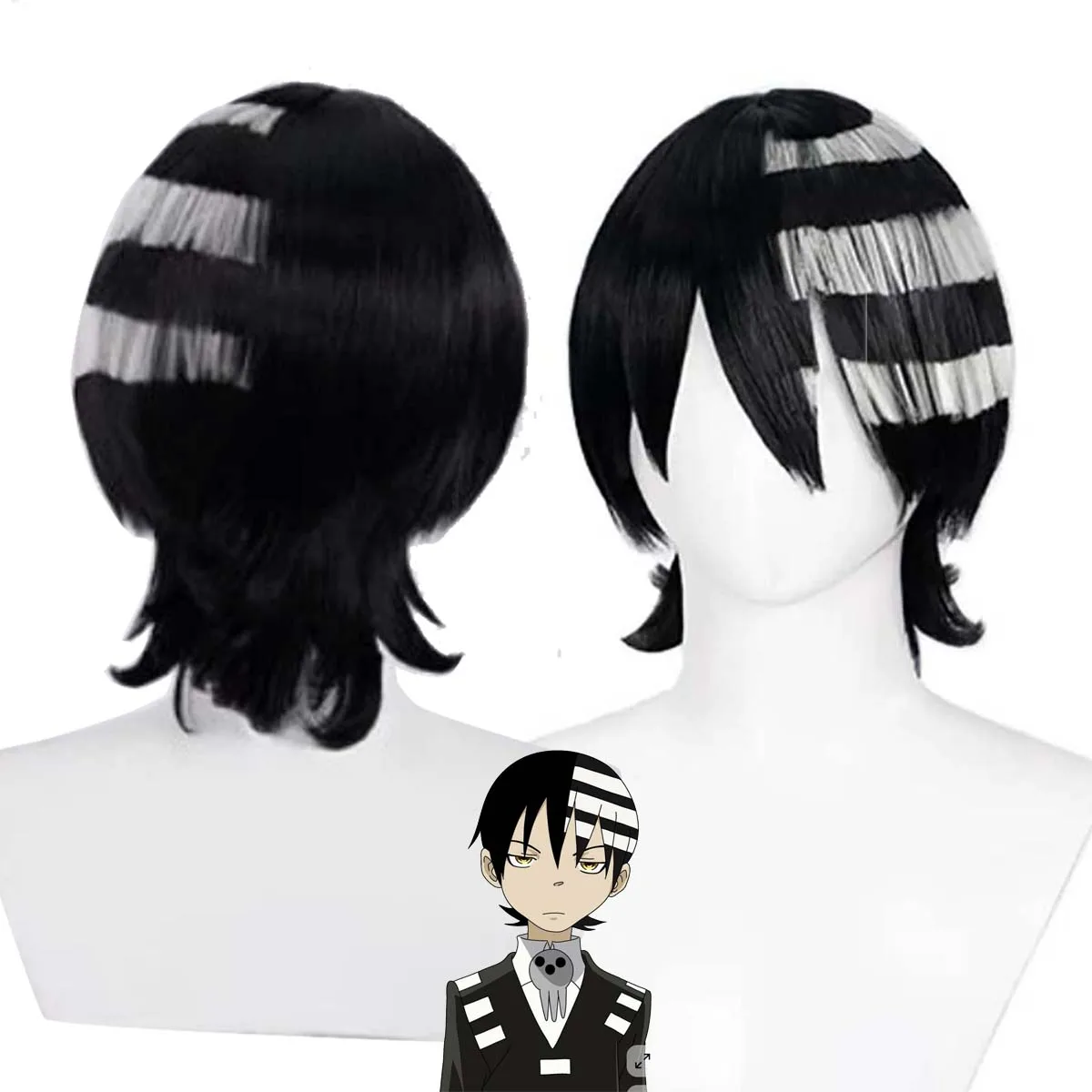 Herren Anime Soul Eater Death the Kid Cosplay Schwarz-Weiß gemischte hitzebeständige Kunsthaarperücke