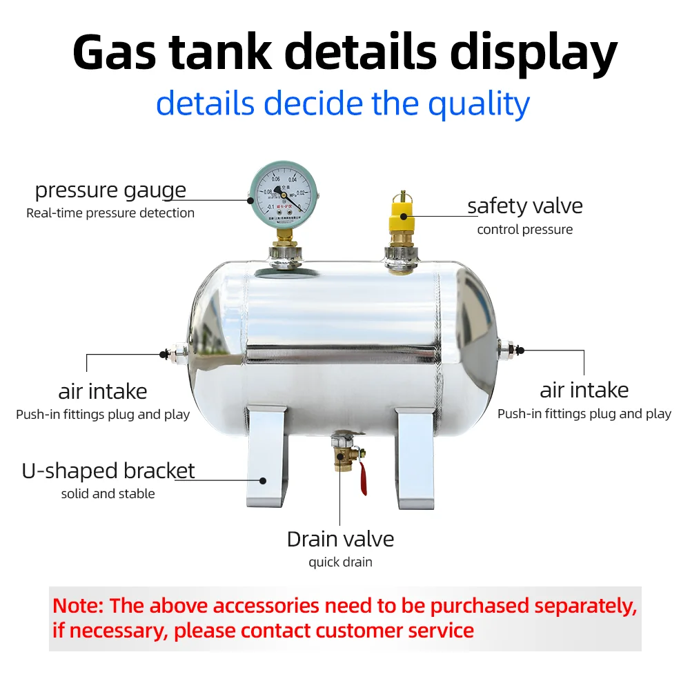 0.5L 0.13 Gallon Air Compressor Tank Gas Storage Small Vacuum Buffer Pressure Tank  Horizontal 304 Stainless Steel For Air Horn