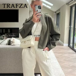 TRAFZA 2023 autunno inverno donna Casual Solid Pilot giacche Loose Fit Zipper Coat con scollo a v tasche calde fibbia morbida giacche femminili