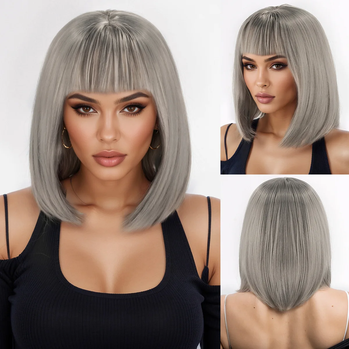 Synthetic Ombre Short Wig for Women, Black Brown Ash Blonde Gradient Bob, Air Bangs, Cosplay Party Daily Wear, Natural Looking