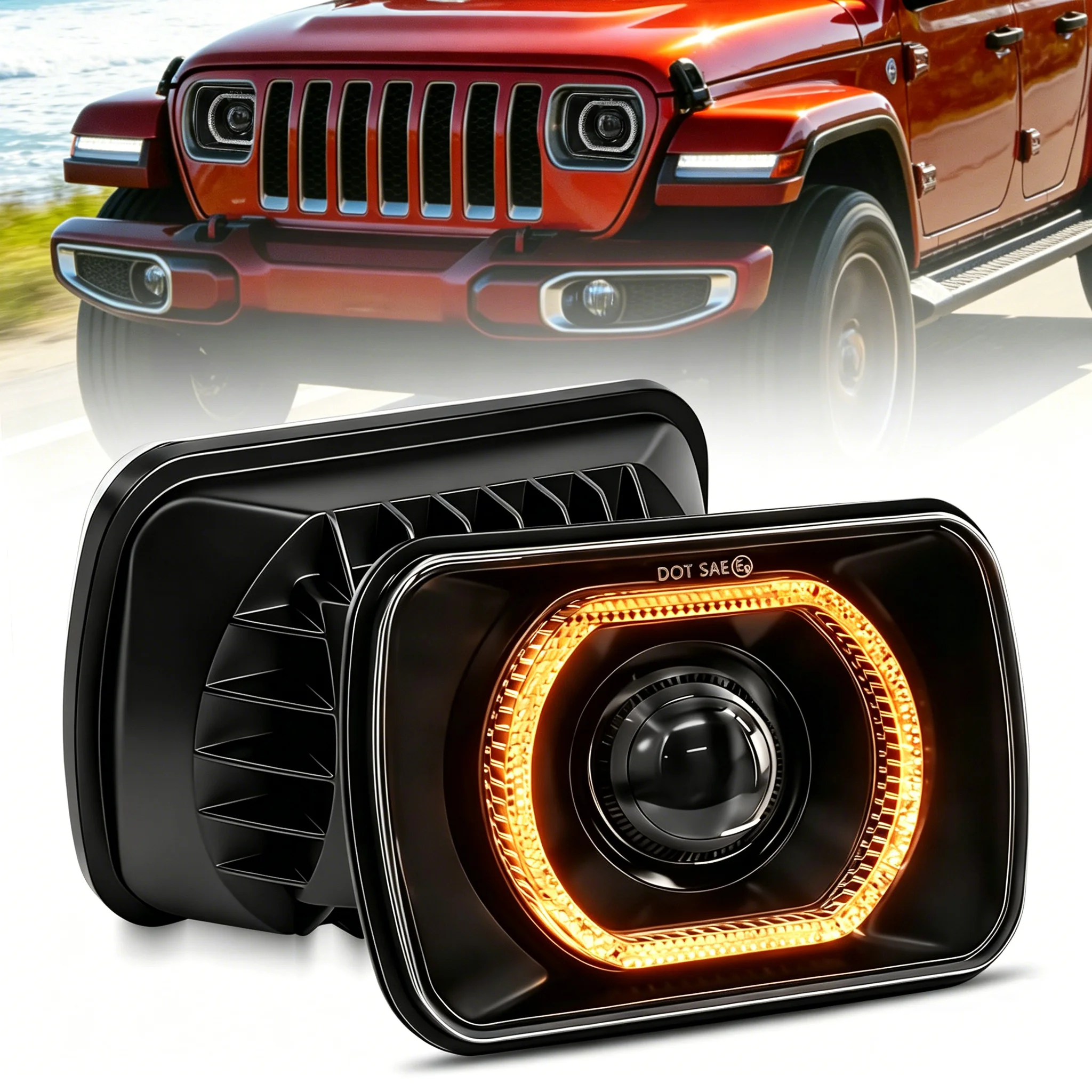 7Inch LED Square Headlight H4 Hi-Lo Beam Dual Lens White/Yellow DRL Turn Signal BM-W Angel Eyes For J-eep Wrangler Off-Road Lamp