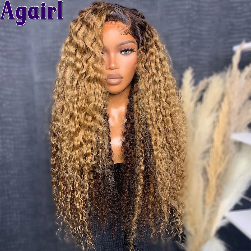 Onda de água Lace Frontal Peruca, Encaracolado Cabelo Humano Perucas, Lace Encerramento Perucas, Mel Loiro Castanho, Ombre Loiro Preto, 6x4, 200% Pronto