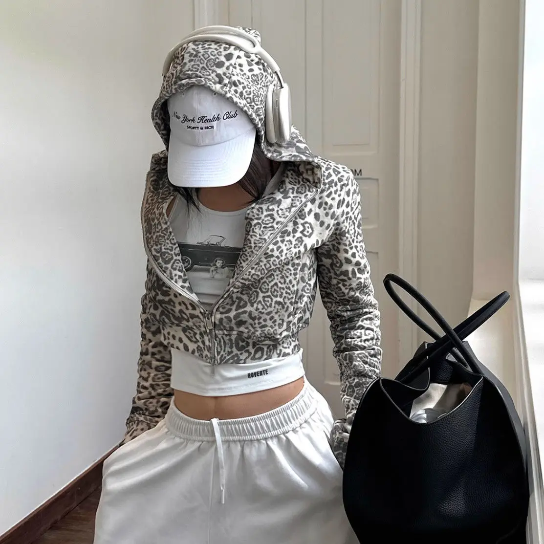 

Onalippa American Spicy Leopard Print Hooded Sweatshirt Jacket Short Autumn Long Sleeved Loose Niche Zipper Cardigan Top Trendy