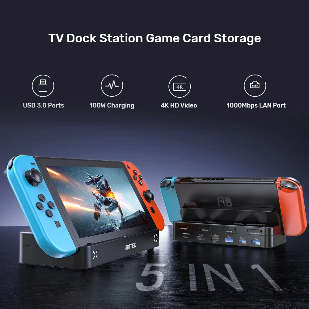 Unitek KVM Docking Station Portable Switch Game Card Reader with HDMI USB Gigabit Ethernet for Nintendo Switch Phone PC Laptop