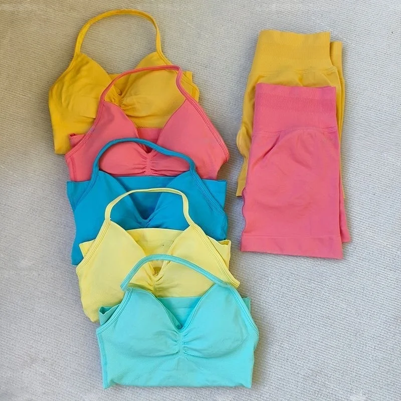 2Pcs Set Yoga Strappy Vest&Shorts Women Resistance Training Seamless Padded Halter Tank Top Scrunch Butt Lifting Gym Shorts Set
