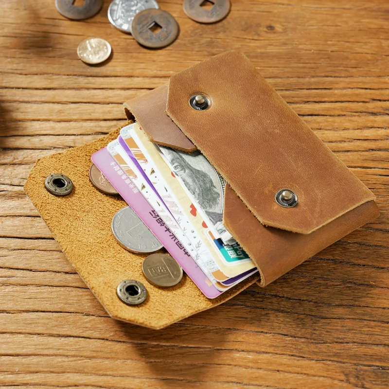 Vintage Crazy Horse Leather Simple Card Holder Genuine Leather Short Wallet Coin Purse Top Layer Cowhide Small Money Bag